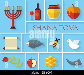 Felice anno nuovo ebraico Shana Tova icone set. Mela e miele, melograno e cibo, illustrazione vettoriale Illustrazione Vettoriale