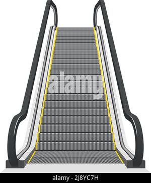 Scala mobile isolata su sfondo bianco. Scala di architettura moderna, ascensore e ascensore, illustrazione vettoriale Illustrazione Vettoriale