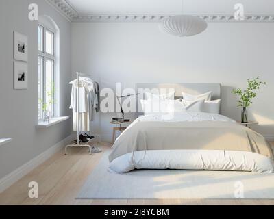 3d illustrazione. camera da letto in stile scandinavo con stampe a parete. Foto Stock