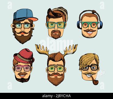 hipster uomo teste avatar con baffi barba bicchieri tubo e. avvisatori acustici Illustrazione Vettoriale