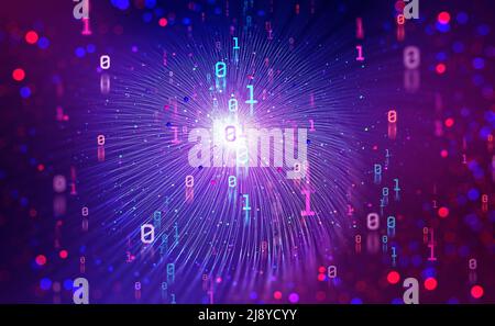 Tecnologie digitali del futuro. Unità e zero nel codice binario. Imbuto dei big data nell'universo informatico globale. 3D illustrazione con elementi bokeh Foto Stock