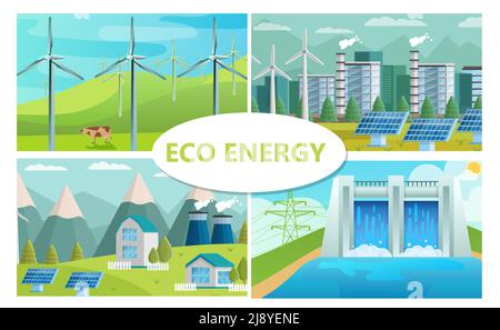 Flat eco Energy Concept con mulini a vento pannelli solari fabbrica ecologica ed alloggia illustrazione vettoriale della stazione idroelettrica Illustrazione Vettoriale