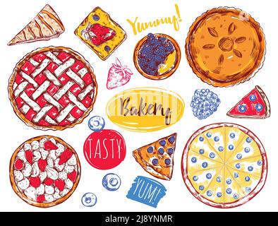 Set di icone di torta di fetta disegnata a mano con tipo diverso di torte e descrizioni illustrazione vettoriale Illustrazione Vettoriale