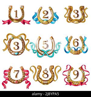 Collezione di ferro di cavallo ornato in oro con numeri e nastri curvati colorati in stile cartoon illustrazione vettoriale isolata Illustrazione Vettoriale
