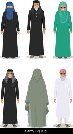 Illustrazione dettagliata di differenti alti e donne arabi in piedi nei tradizionali abiti arabi musulmani isolati su sfondo bianco Illustrazione Vettoriale