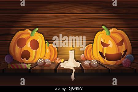 Composizione cartoon con zucche vari dolci halloween e candela su illustrazione vettoriale di sfondo di legno scuro Illustrazione Vettoriale