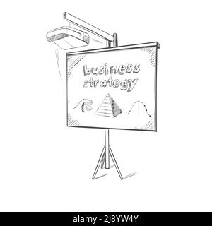 Modello di schizzo della presentazione aziendale con elementi strategici che si disegnano sulla lavagna immagine vettoriale isolata su sfondo bianco Illustrazione Vettoriale