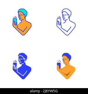 Persona triste con l'icona del telefono impostata in stile piatto e linea. Doomscrolling, lettura cattive notizie. Dipendenza mobile. Illustrazione vettoriale. Illustrazione Vettoriale