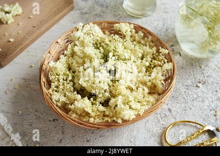 Fiori freschi di sambuco in un cestino su un tavolo in primavera, con una caraffa di limonata di erbe sullo sfondo Foto Stock