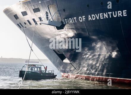 Cobh, Cork, Irlanda. 19th maggio 2022. - Un membro dell'equipaggio della nave da crociera Spirit of Adventure guida le linee di ormeggio fino alla barca di lavoro in attesa Geata Ban durante le operazioni di ormeggio a Cobh, Co. Cork, Irlanda. - Credit; David Creedon / Alamy Live News Foto Stock