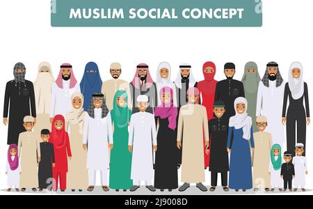 Uomini e donne arabi Uniti in diversi abiti tradizionali islamici su sfondo bianco in stile piatto. Gruppo giovani e adulti musulmani. Illustrazione Vettoriale