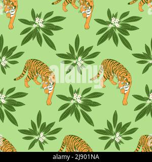 Modello senza cuciture con tigre e plumeria tropicale foglie e fiori. Copertina esotica disegnata a mano, tessuto, tessuto, carta wrapping estate giungla illustrazione vettoriale Illustrazione Vettoriale