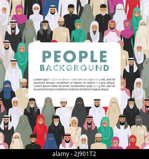 Vettore senza cuciture gruppo di uomini e donne arabi che si levano insieme in diversi abiti islamici tradizionali. Diversi stili di abbigliamento. Carino e simple Illustrazione Vettoriale