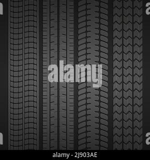 Set di stampe di diversi tipi di pneumatici su sfondo grigio scuro. Illustrazione vettoriale Illustrazione Vettoriale