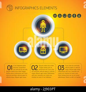 Modello di diagramma infografico aziendale con testo e icone dei cerchi collegati immagine vettoriale isolata su sfondo arancione brillante Illustrazione Vettoriale