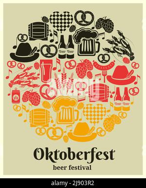 Oktoberfest Beer Festival etichetta nei colori nazionali tedeschi in Un design rotondo con birra tedesca in bottiglie può tankard barile in vetro o barile in botte Illustrazione Vettoriale