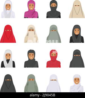 Illustrazione dettagliata di diverse icone di avatar della donna araba ambientato nel tradizionale abbigliamento arabo musulmano isolato su sfondo bianco in Fla Illustrazione Vettoriale