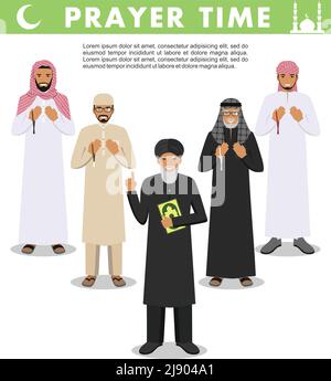 Il popolo islamico sta in piedi insieme con le perle nelle mani e prega. Mufti con quran. Illustrazione Vettoriale