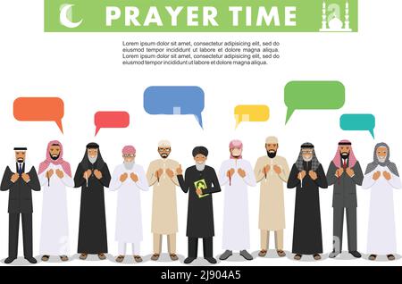 Il popolo islamico sta in piedi insieme con le perle nelle mani e prega. Mufti con quran. Illustrazione Vettoriale