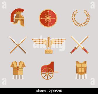 Set di accessori vettoriali antichi guerrieri con lance per casco spade wreath tunic pettorale scudo e aquila in rosso e. oro Illustrazione Vettoriale