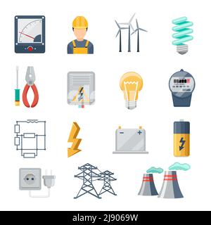 Insieme vettoriale piatto icone del settore elettrico ed elettrico. Trasformatore e presa, spina e capacità, simbolo dell'energia, illustrazione vettoriale Illustrazione Vettoriale
