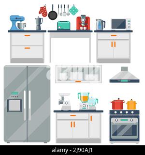 Cucina vettoriale piatta con utensili da cucina, attrezzature e mobili. Frigorifero e microonde, tostapane e fornello, frullatore e macinacaffè Illustrazione Vettoriale