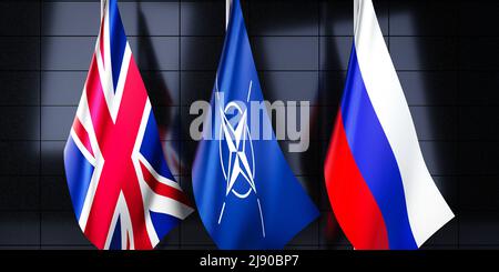 Bandiere del Regno Unito, della NATO e della Russia - illustrazione del 3D Foto Stock