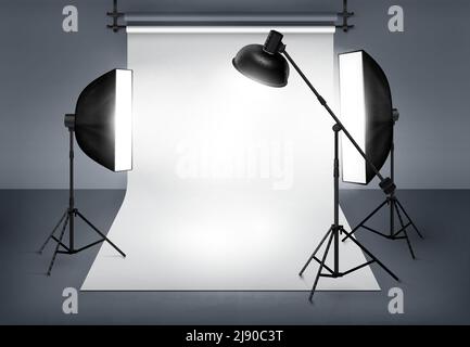 Studio fotografico con illuminazione flash faretto e softbox. Illustrazione vettoriale Illustrazione Vettoriale