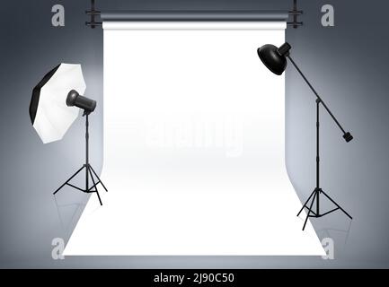 Sfondo studio fotografico. Attrezzature per fotografia, flash e riflettori, illustrazioni vettoriali Illustrazione Vettoriale