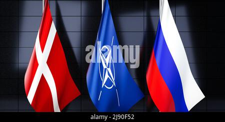 Bandiere di Danimarca, NATO e Russia - illustrazione 3D Foto Stock