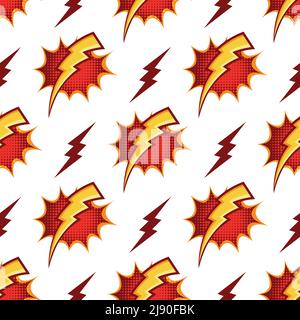 Fulmini senza cuciture motivo in stile cartoon anni '80 retro. Thunder luce potenza, energia e tempesta thunderbolt, illustrazione vettoriale Illustrazione Vettoriale