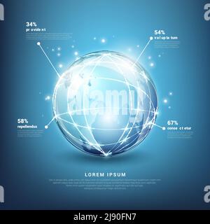 Infografiche delle reti globali. Tecnologia Web Earth, sfera della mappa del pianeta, illustrazione vettoriale Illustrazione Vettoriale