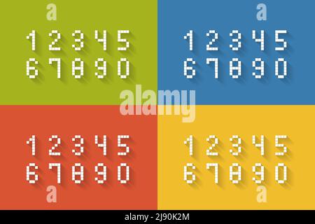Set di numeri di pixel piatti su quattro diversi sfondi di colore completare l'illustrazione da zero a nove vettori Illustrazione Vettoriale