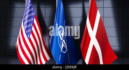 Bandiere di Danimarca, NATO e USA - illustrazione 3D Foto Stock