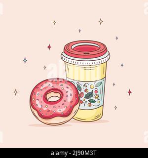 Cartone colorato ciambella gustosa e caffè a tazza di carta monouso. Ciambella smaltata con illustrazione piatta isolata con vettore per bevande calde Illustrazione Vettoriale