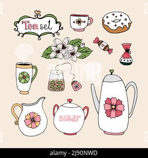 Set di icone vettoriali per il servizio del tè con tazza di zucchero a forma di teiera caraffa di latte teabag caramella ciambella e posy di fiori Illustrazione Vettoriale