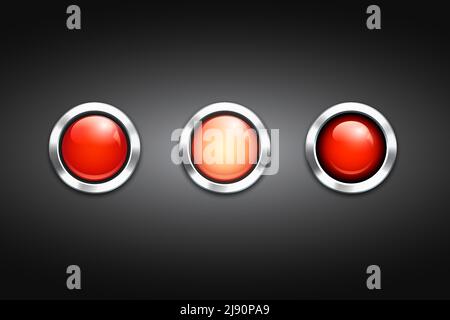 Set di tre bottoni bianchi rossi con bordi in metallo lucido e riflessioni su uno sfondo nero per le icone di internet o. un'applicazione che varia i colori Illustrazione Vettoriale