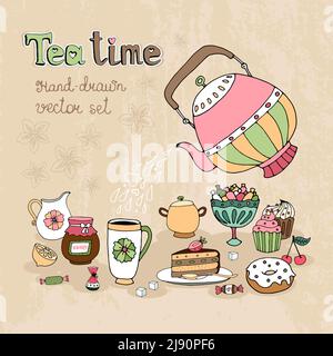 Set di elementi di design Teatime disegnati a mano con una teiera versare il tè caldo su una caraffa di torta di marmellata biscotti dolci e zuccheriera Illustrazione Vettoriale