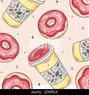 Ciambelle con glassa rosa. Motivo bianco senza cuciture. Sfondo per caffè, ristoranti, caffetterie, catering. Texture di design per menu, opuscolo, banner Illustrazione Vettoriale
