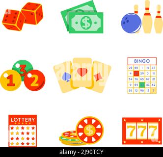 Set di icone flat lotteria. Rischio e carta, fortuna e gioco, illustrazione vettoriale Illustrazione Vettoriale