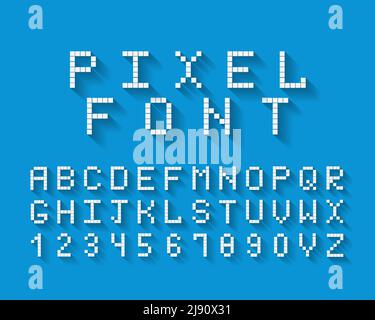 Font vettoriale pixel con una serie completa di caratteri alfabetici maiuscoli lettere e numeri da 0 a 9 su un blu sfondo Illustrazione Vettoriale