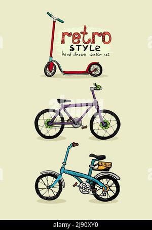 moto stile hipster e scooter illustrazione vettoriale disegnata a mano Illustrazione Vettoriale