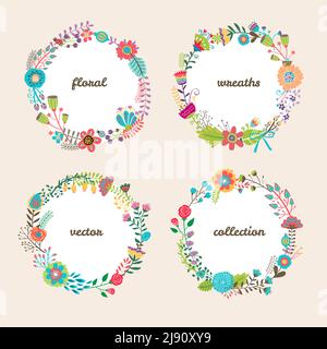 Set di quattro colorate corone floreali vettoriali circolari con l'estate fiori e copyspace bianco centrale per il tuo testo Illustrazione Vettoriale