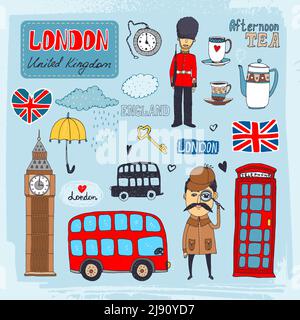 Set di illustrazioni disegnate a mano di monumenti e simboli iconici londinesi Incluso beefeater guardia Big ben tè cabina telefono rosso a due piani autobus Illustrazione Vettoriale