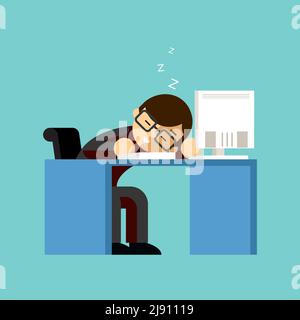 Uomo d'affari che dormiva sulla scrivania dell'ufficio. Tavolo e lavoro, sonnolento e lavoro, schiaffo e pigro, addormentato e lavoratore. Illustrazione vettoriale Illustrazione Vettoriale