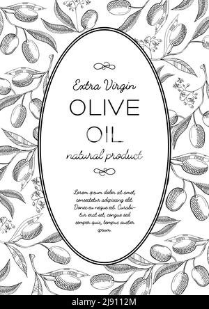 Olive verdi ovali corona composizione doodle con belle fioriture e. iscrizione al centro sull'olio extravergine di oliva naturale disegno manuale del prodotto Illustrazione Vettoriale