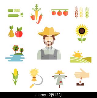Set di colorate icone di fattoria vettoriale per la coltivazione di cereali frutta e verdure con un contadino piselli carote peperoni mela pera frutteto di girasole Illustrazione Vettoriale