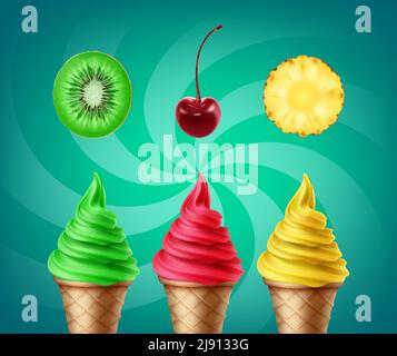 Set vettoriale di gelato morbido con gusto kiwi, ciliegia e ananas isolato su sfondo verde Illustrazione Vettoriale