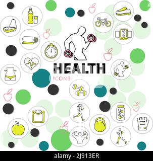 Icone della linea di salute impostate con attrezzatura sportiva corretta nutrizione bicicletta scala cronometro vitamine in cerchi isolato illustrazione vettoriale Illustrazione Vettoriale