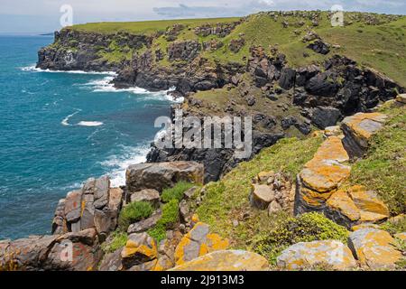 Vista sull'Oceano Indiano e sulle scogliere di Morgan Bay all'estremità meridionale della Wild Coast, il distretto di Amathole, la provincia di Eastern Cape, il Sudafrica Foto Stock